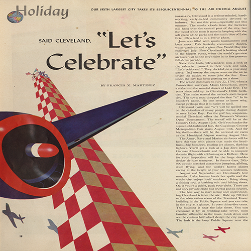 Image card for the Flying High exhibition. The image is from a Holiday magazine page with the words "Said Cleveland, 'Let's Celebrate'" and an illustration of airplanes depicted.