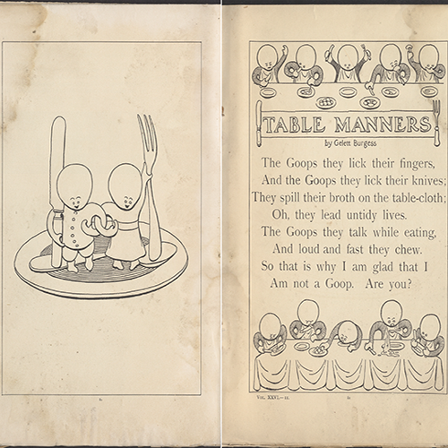 Image card for the From Morals to Mirth exhibition; image shows two, small illustrated people standing on plate holding a knife and fork, respectively, with a "Table Manners" poem on the side.