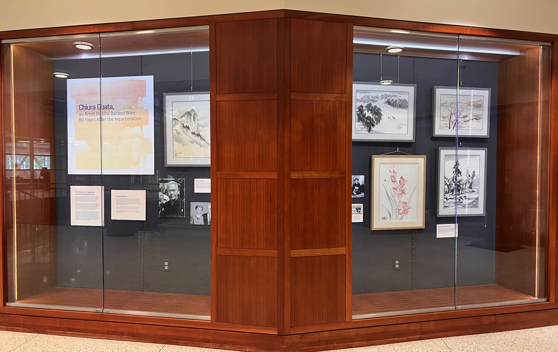 Display cases of the Chiura Obata Exhibition in Olin Library