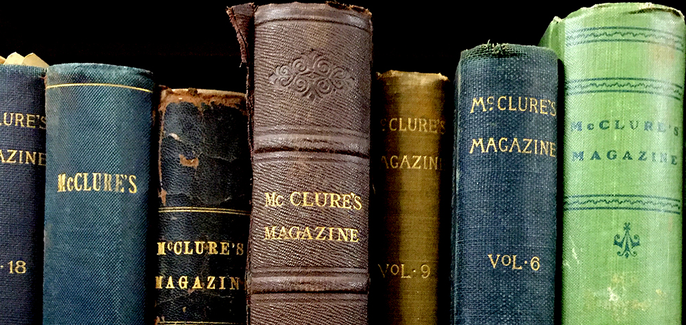 A grouping of various magazine volumes collected together in book bindings.
