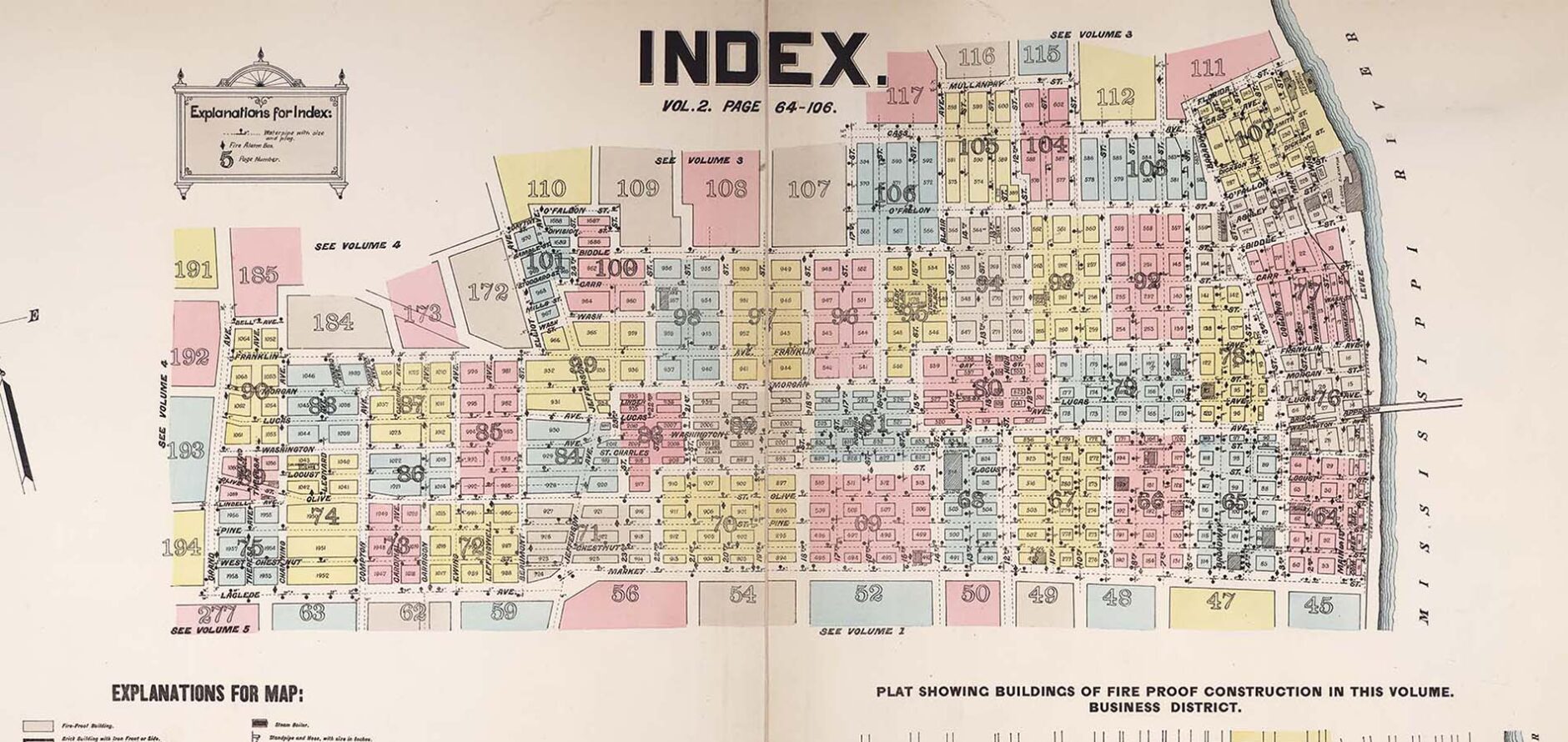 A 1897 plotting map from the Whipple Fire Insurance Maps showing St. Louis City as TS Eliot would have known it.