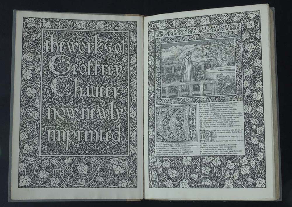 A two-page display of The Works of Geoffrey Chaucer showing both the title and first pages. The first page includes an illustration of a man walking in a garden with a book in-hand.