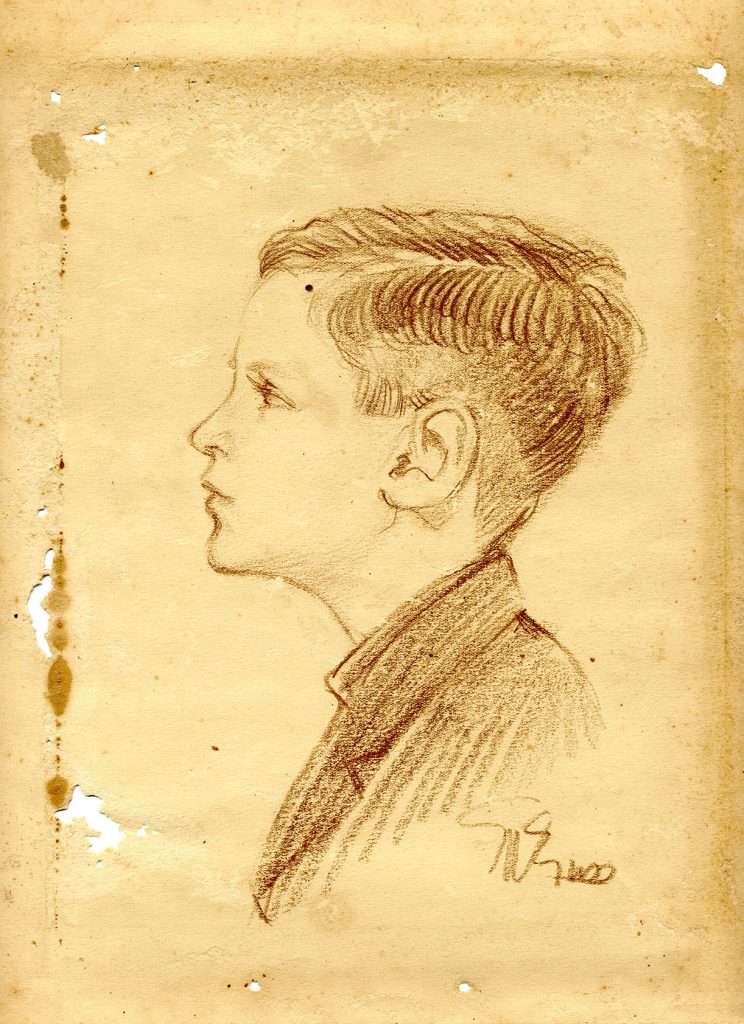 A pencil sketch of a young William Gaddis in portrait.