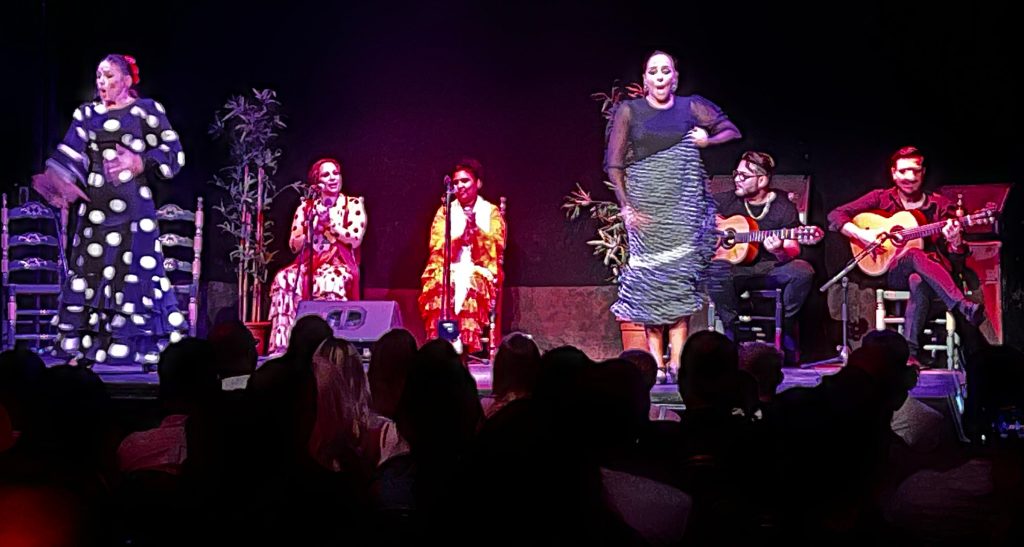 A flamenco dancer on stage with musicians