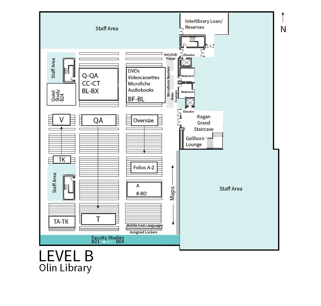The image shows the floor plan for Level B of the Olin Library. Key locations found on Level B of Olin are the Interlibrary Loan/Reserves Department; Microforms, DVDs, VHS, and Audiobooks; Quiet Study B24; book stacks; and Faculty Studies.