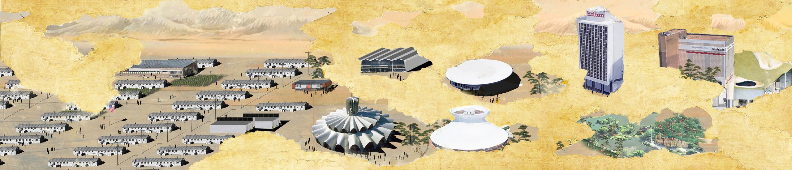 Different architectural examples of building designs are shown: Barracks, a round building with an intricately detailed roof, two more mid-century modern round designs, a skyscraper, and an industrial complex.