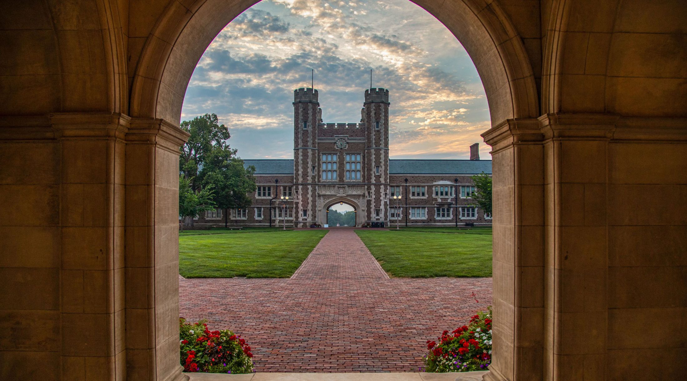 The Brookings Hall arch photographed during sunset.