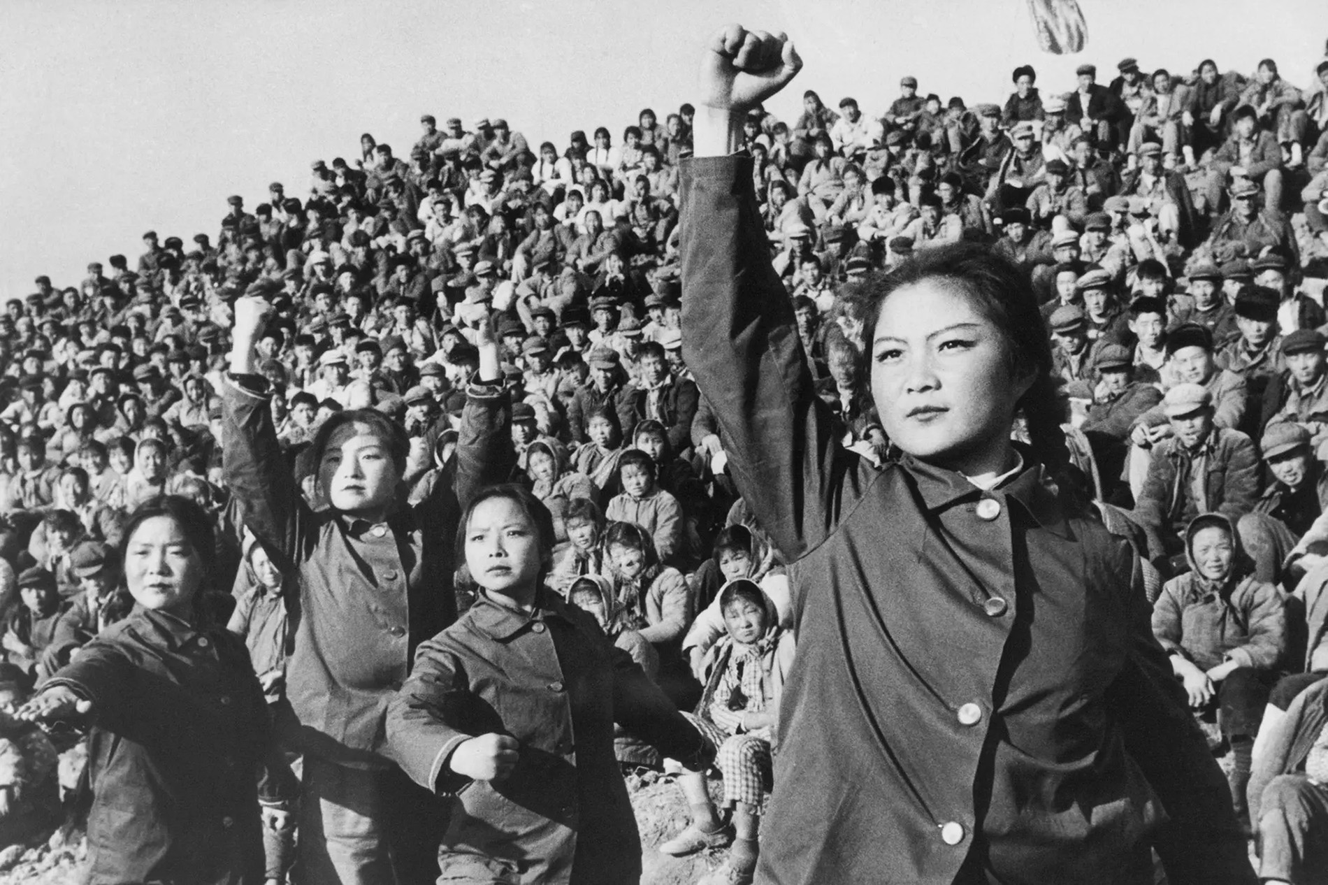 Chinese girls demonstrating in a crowd