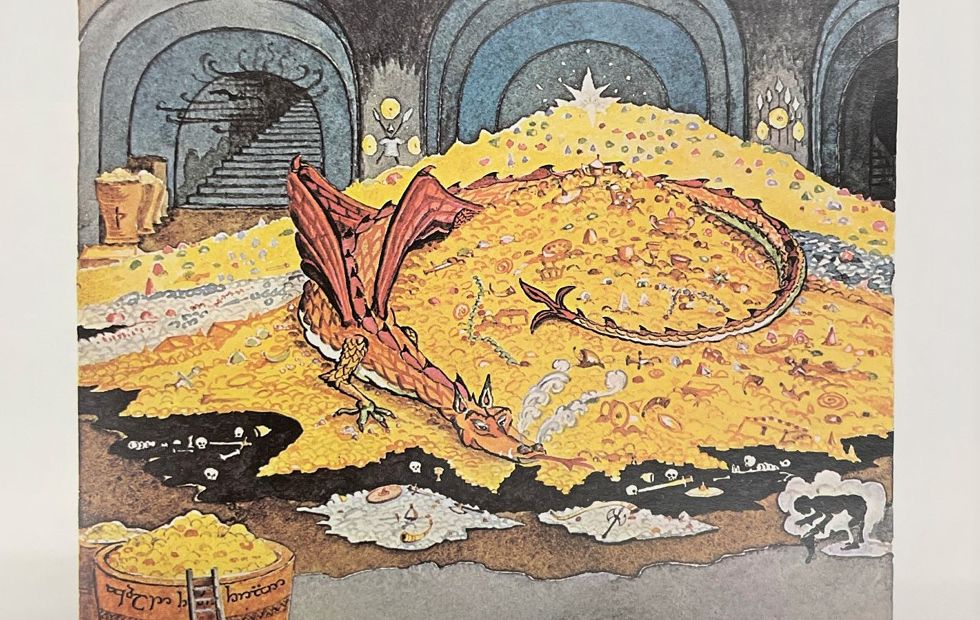 An illustration of the dragon Smaug on his pile of gold from The Hobbit.