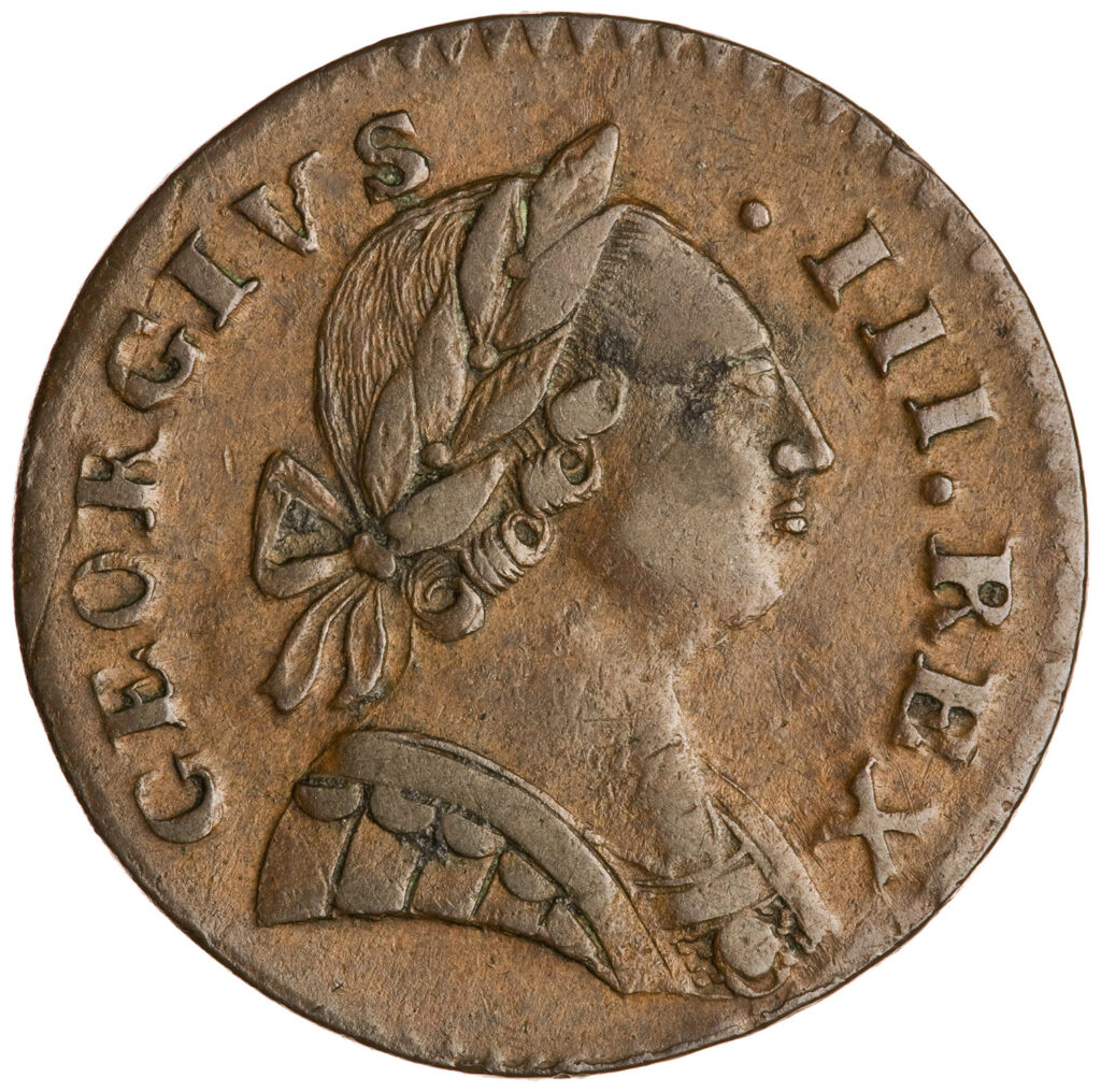 Rusty coin with bust of George III facing right.
