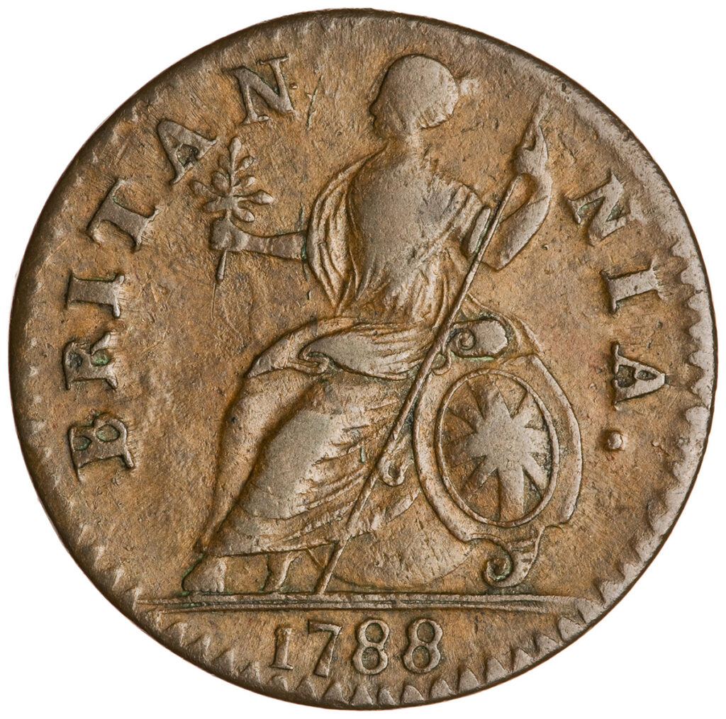 Rusted coin depicting Britannia sitting on a globe.