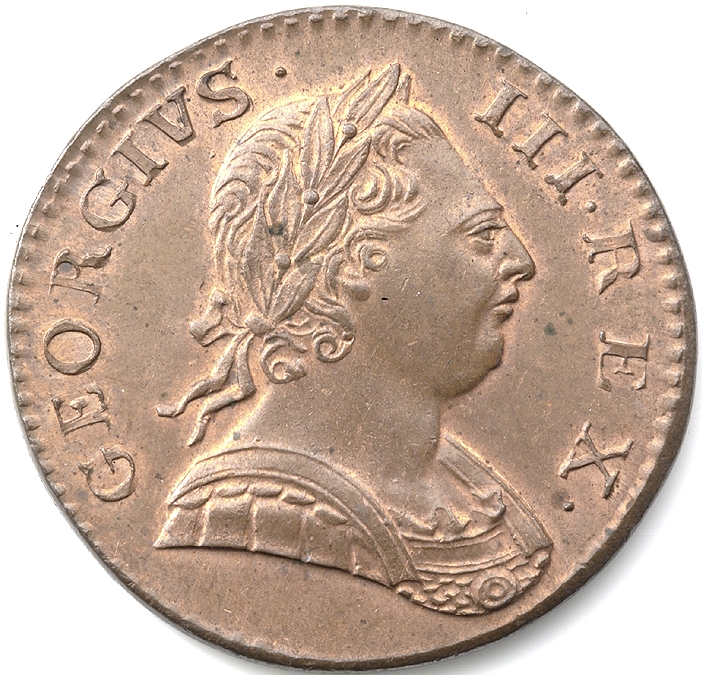 A copper coin with the bust of George III facing right.