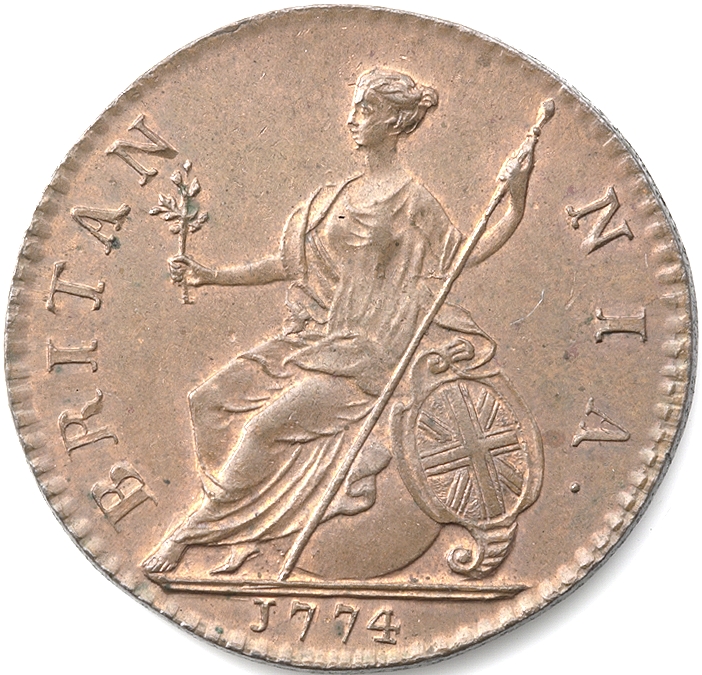 coin depicting Britannia sitting on a globe holding a branch in one hand and a spear in the other with a shield by her side.