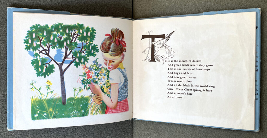 Drawing of a young girl in a meadow holding a large collection of flowers with a poem on the facing page.