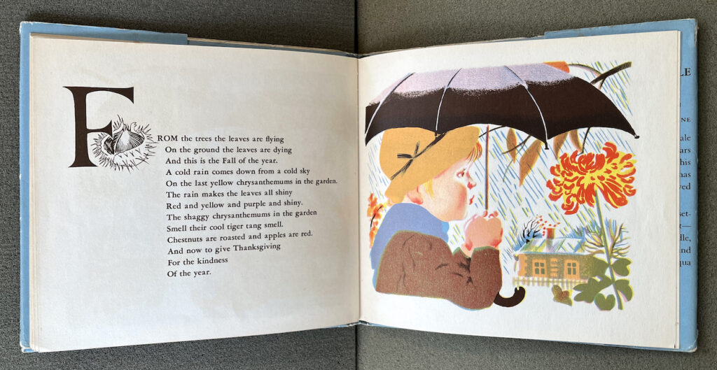 A poem on the left page and a drawing of a young boy under an umbrella looking at the rain.
