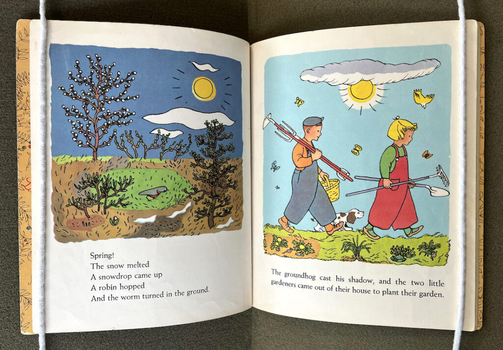 Text and drawings depicting spring with two gardeners walking with gardening tools in their hands.