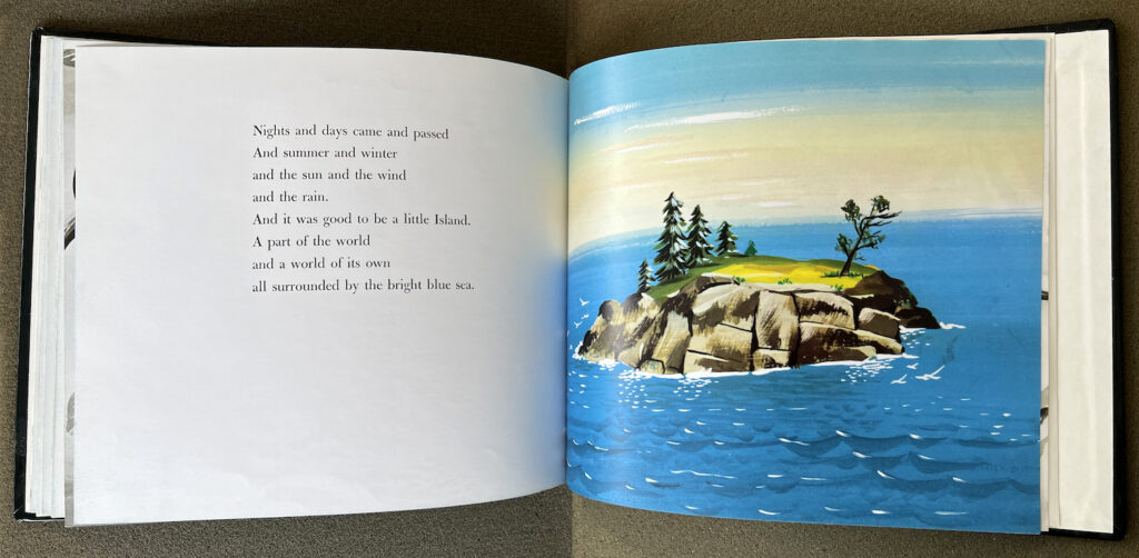A poem facing an illustration of an island surreounded by blue waters.