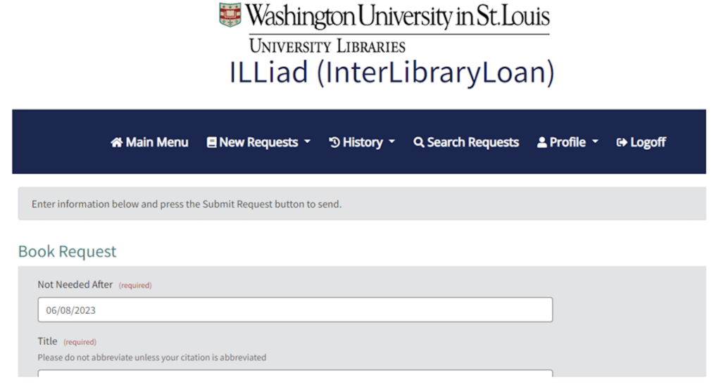 ILLiad web page photo with menu and request form