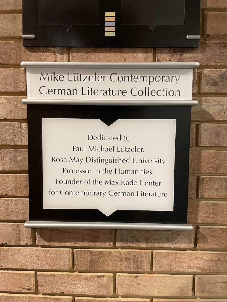 Signage for Mike Lutzeler Contemporary German Literature Collection.