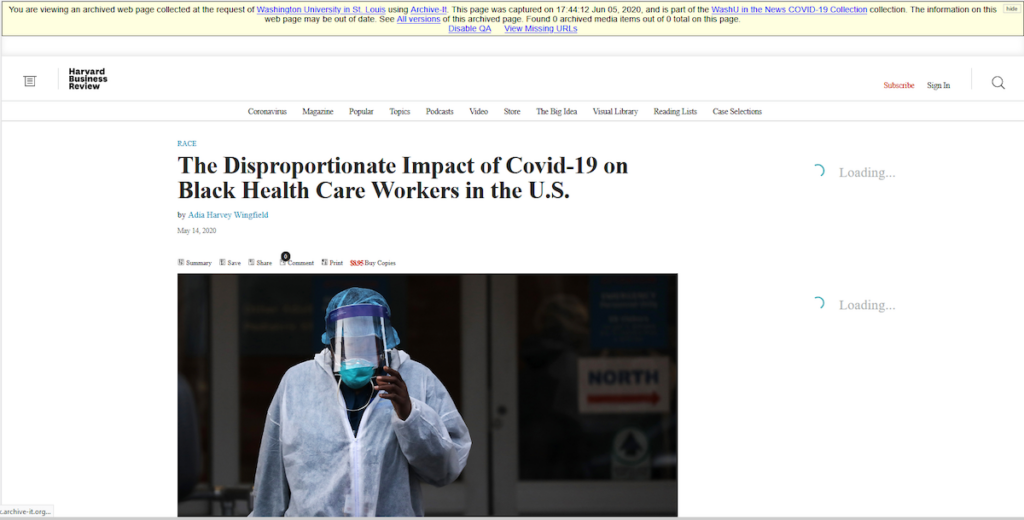 Screenshot of an article carrying the photo of a health care worker wearing protective mask and face shield.