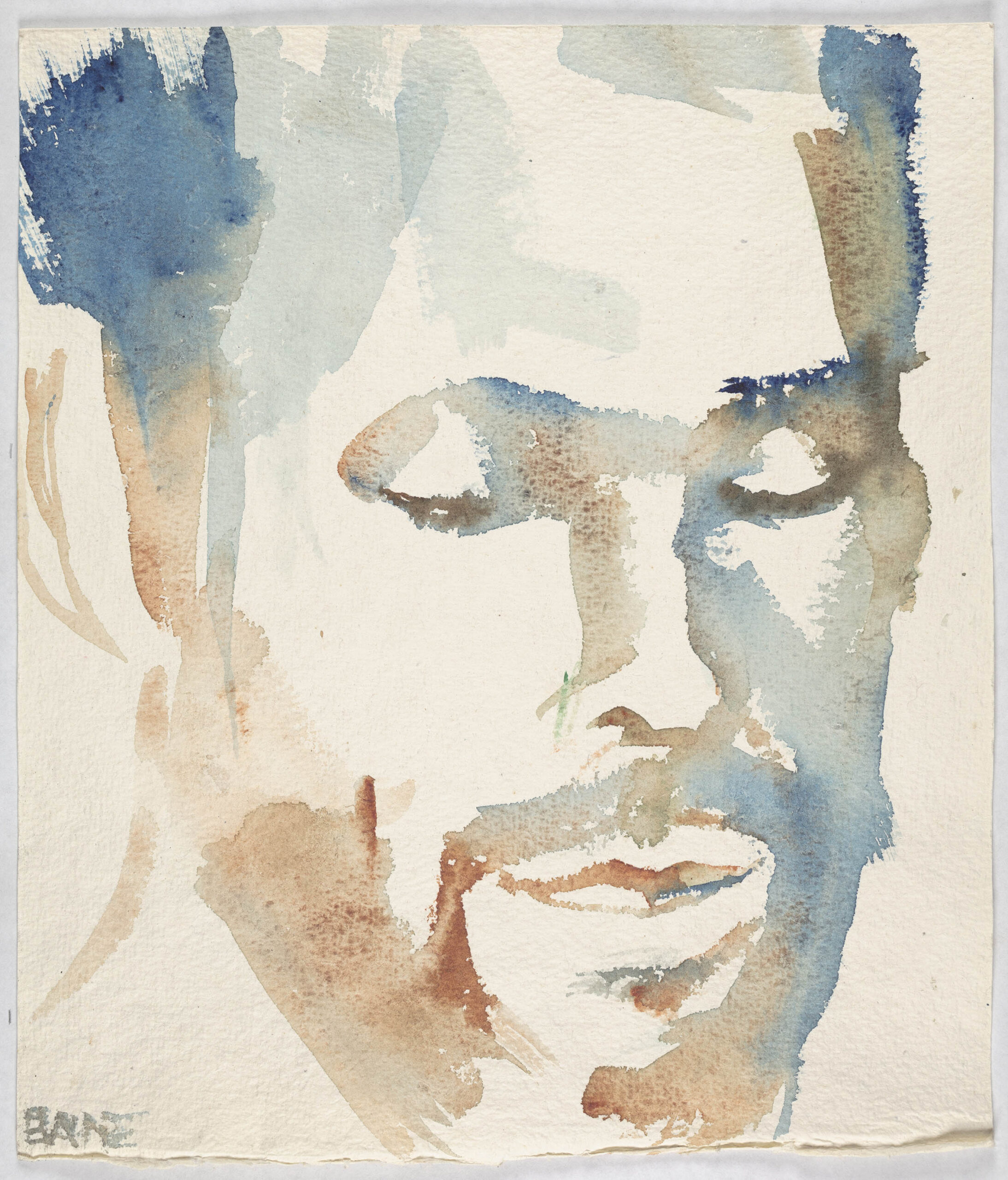 A watercolor portrait of Aaron Coleman. The portrait is a closeup of the author's face with is eyes closed.
