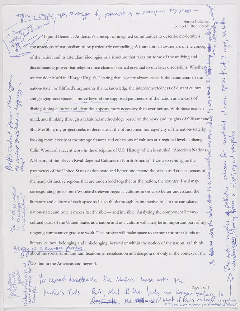 A typed, double-spaced analysis turned in for the Introduction to Comparative Literature Roundtable with handwritten notes around the margins.