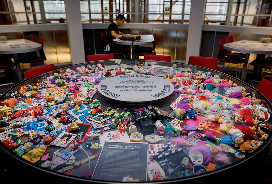 The Collect-O-Rama Display case at Risa’s Landing on Level 2 of Olin Library. The Display Case here shows the Kid Collection Exhibition wherein toys and artifacts from the 1990s are shown.