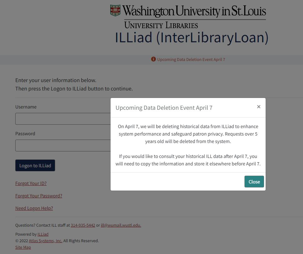 Screenshot of ILLiad homepage with data deletion notice pop-up