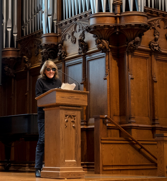 Joy Williams reading excerpts from a work in progress at the podium in Graham Chapel.