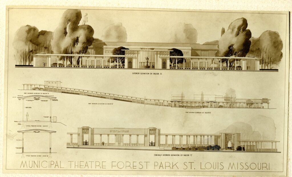 A two-panel sketch of the Municipal Theater in Forest Park