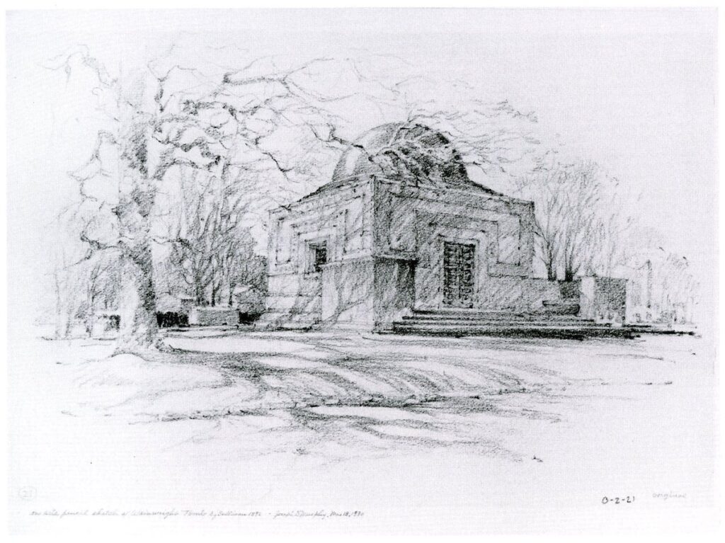 Sketch of a large tomb with wide steps in front and surrounded by trees with bare branches.