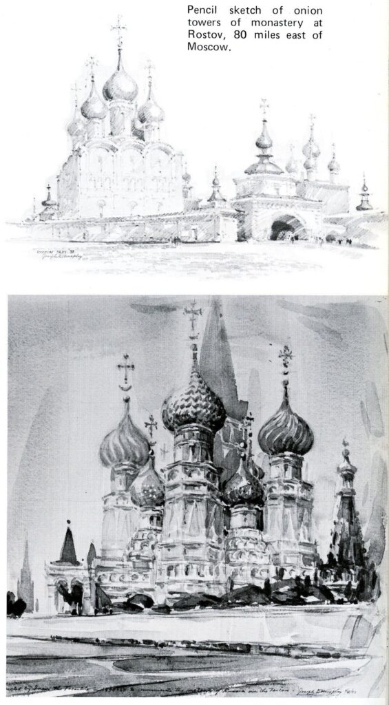 Light and dark sketches of churches with raised columns and onion-shaped domes with crosses at the top.
