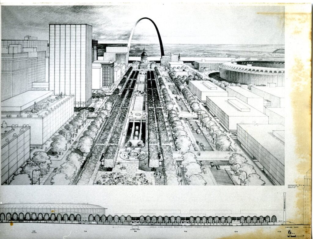 A sketch depicting the Gateway Arch with the Old Courthouse underneath and a tree-lined park stretched out in front flanked by buildings
