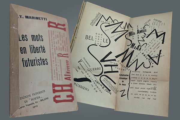 Two pieces from F.T. Marinetti's Les mots en liberté futuristes typography volume showcasing various fonts and styles.