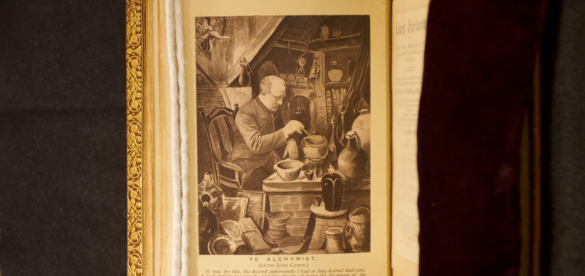 Header image of an open book page featuring a drawing of an alchemist in the middle of experimentations.