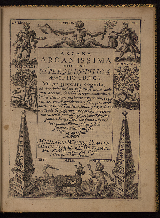 A page from the Arcana Arcanissima featuring alchemic drawings of Osiris, Typhon, Isis, Ibis, Apls, and Cynocephalvs.