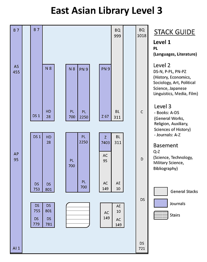 Floor map for Level 3 of the East Asian Library. The Level 3 holds books A-DS along with Journals A-Z.