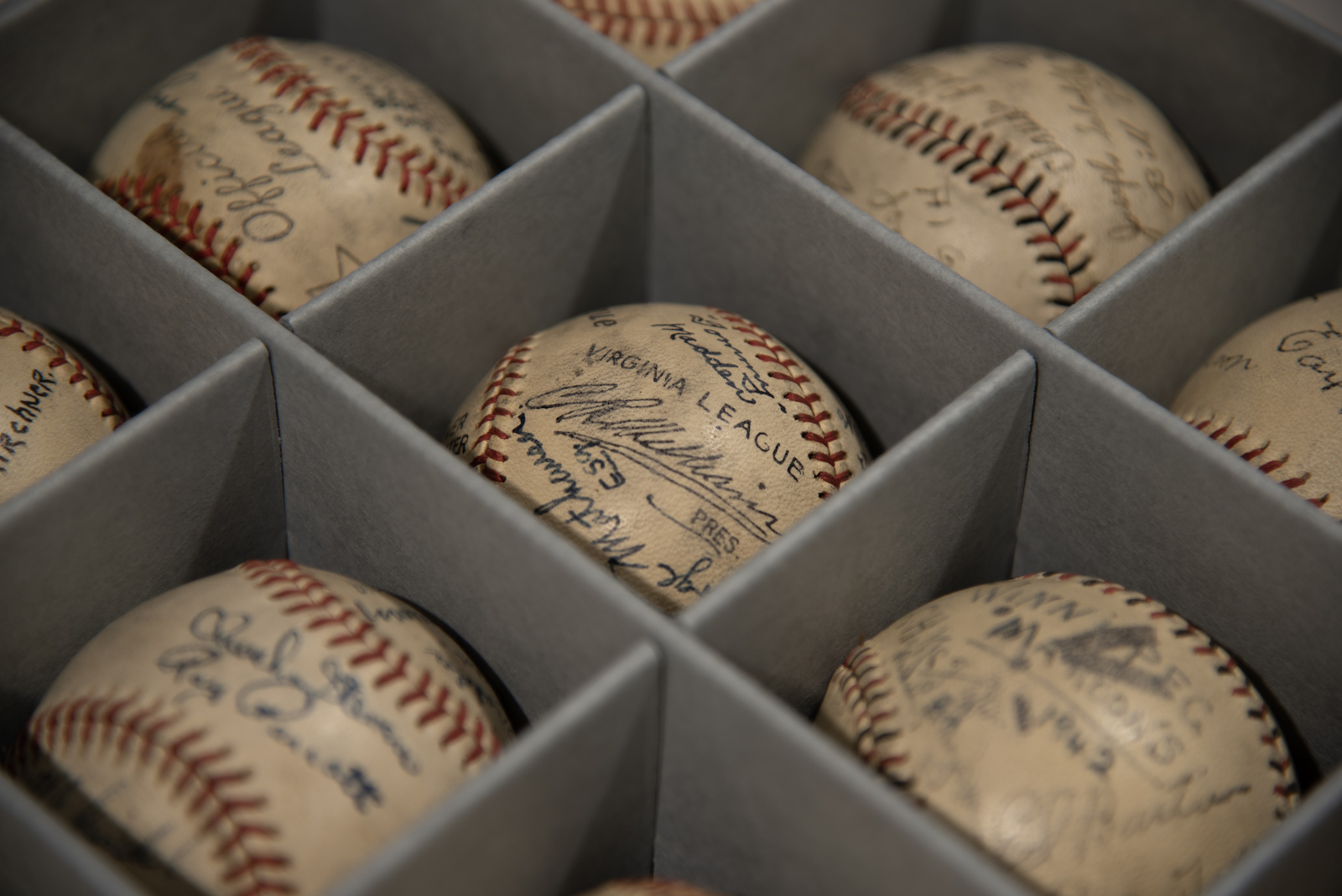 A box of autographed baseballs