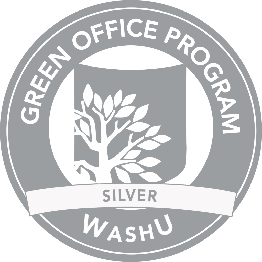 Green Office Program Silver Rank logo for Washington University Libraries' Administration Office of the Vice Provost and University Librarian in Olin Library.