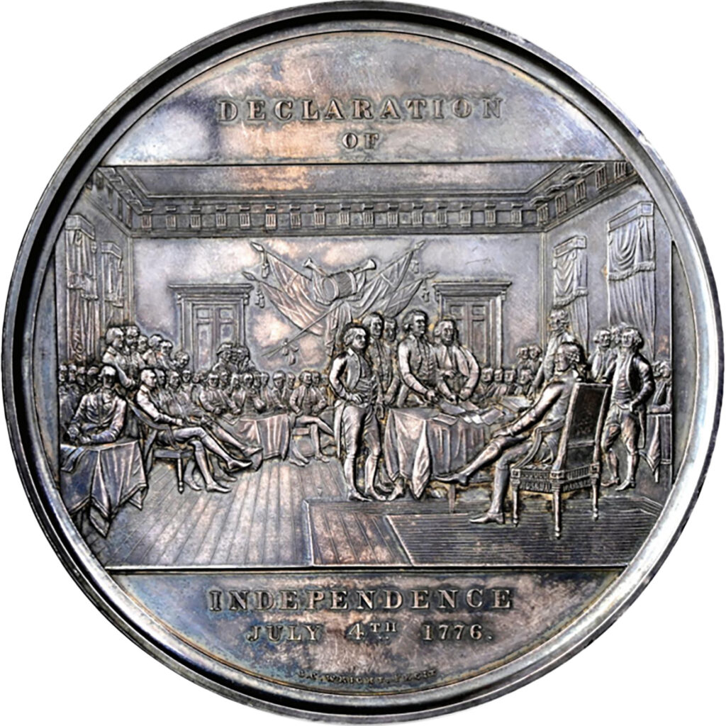 A depicting of the men who signed the Declaration of Independence etched into a coin along with the date (4 July 1776).