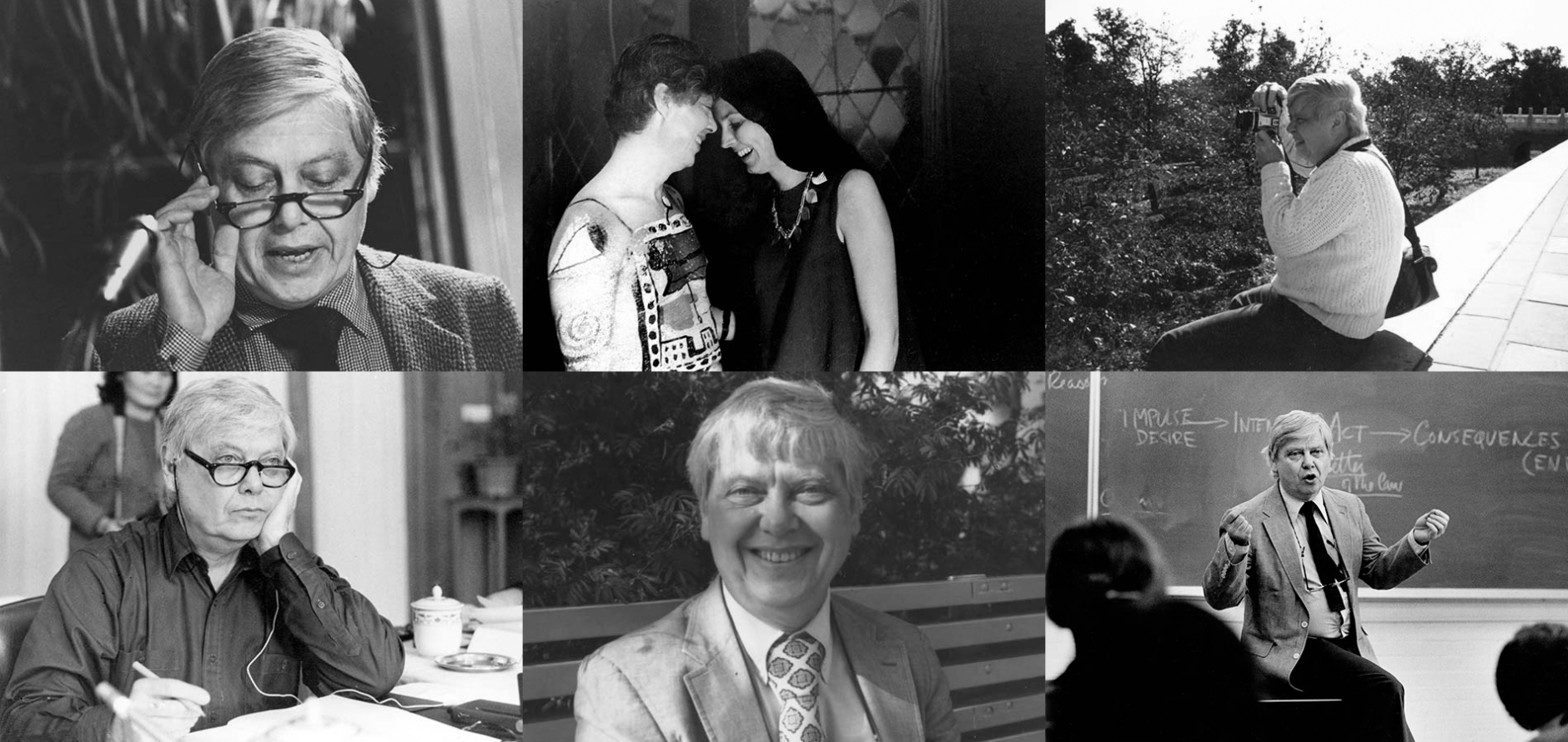 Six photographs of William H. Gass lecturing, on vacation, and with his wife.