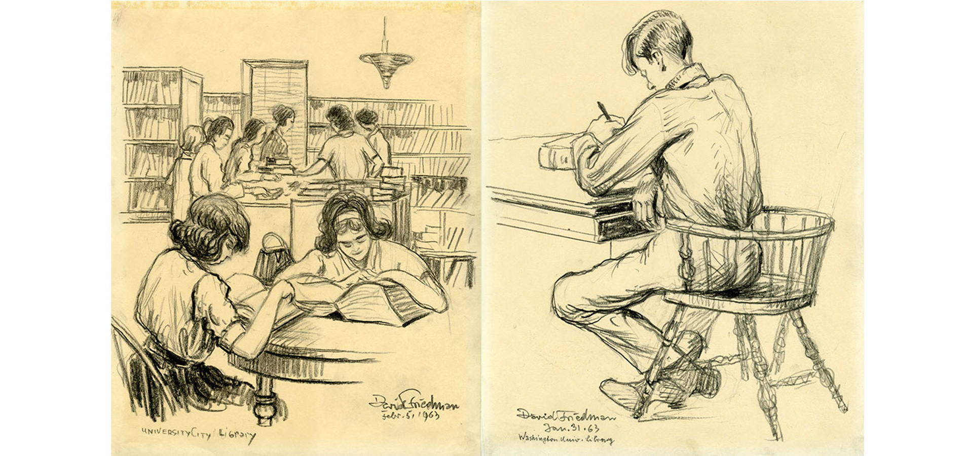 Pencil sketches of crowds observed at various libraries.