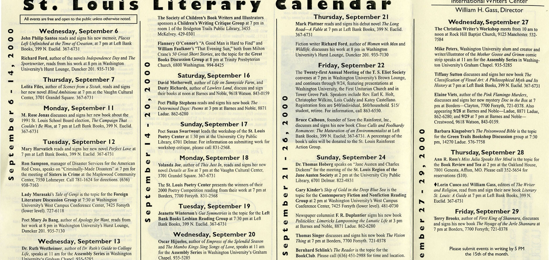 A International Writers Center St. Louis Literary Calendar of events flyer from September 2000.