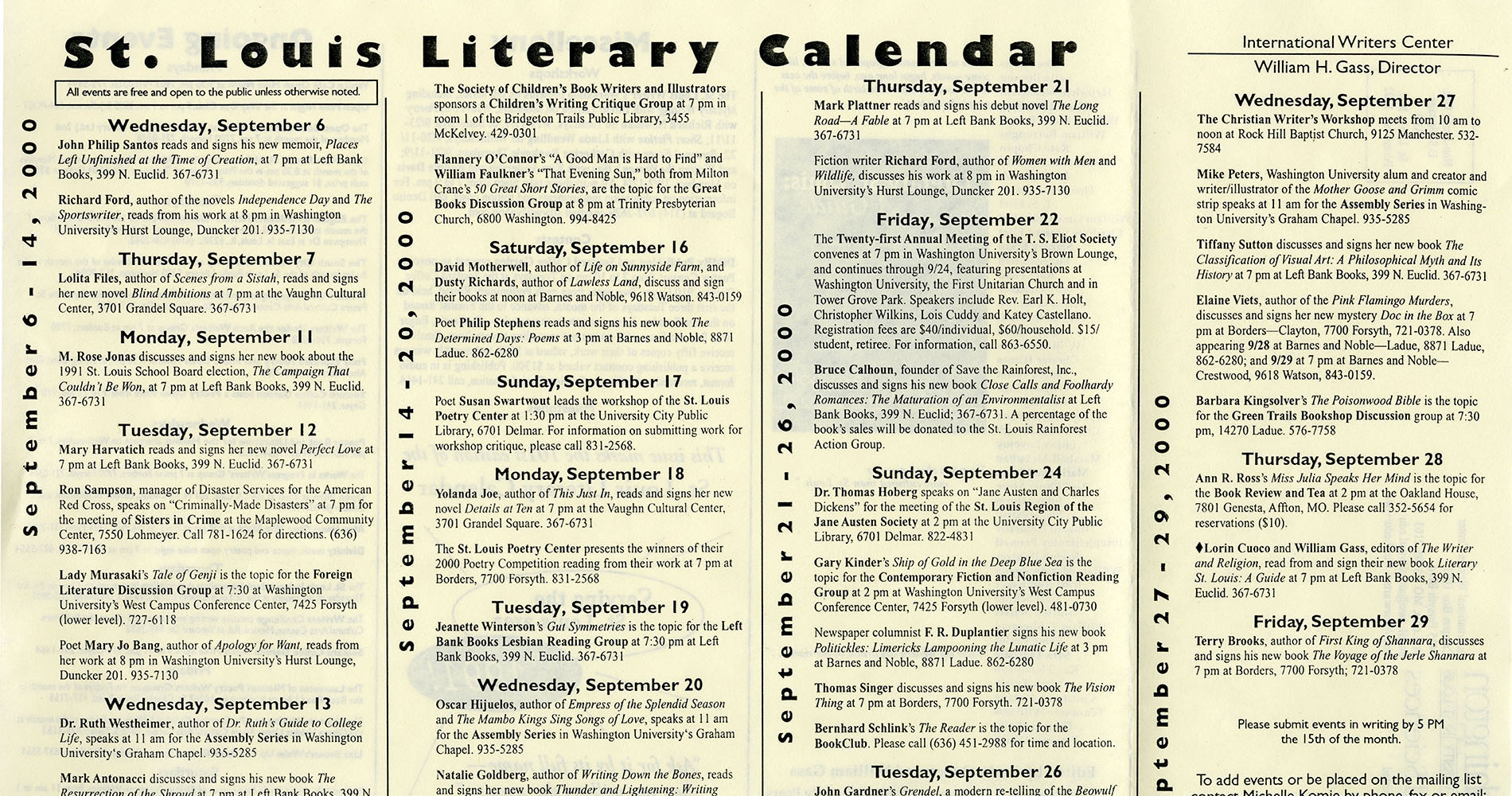 A International Writers Center St. Louis Literary Calendar of events flyer from September 2000.