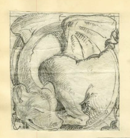 A penciled design sketch of one of the sleeping dragon bosses on campus from the Fred R. Hammond Collection.