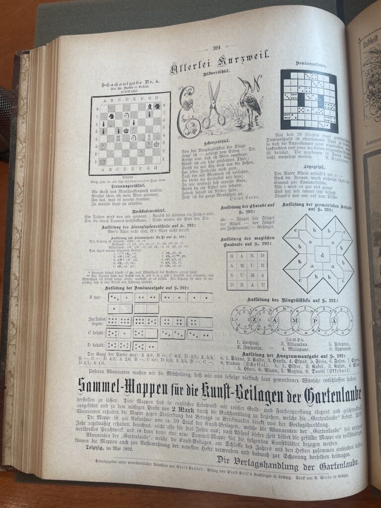 Puzzles and games page from Die Gartenlaube